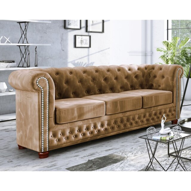 Chesterfield Sofa 3 Seater Made of Velvet Fabric with Solid Wood Legs