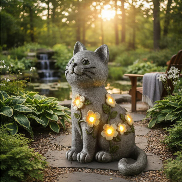 "4.5""×5.9""×8.9"" Solar LED Mother Kitten Cat Garden Decor, Outdoor Patio Ornament Cat Lover Gift"