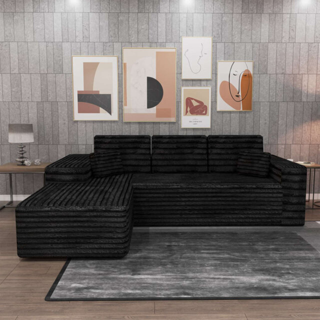 Black Corduroy L-Shape Corner Sofa Modern Comfort with Deep Seats & Versatile Left or Right Hand Design