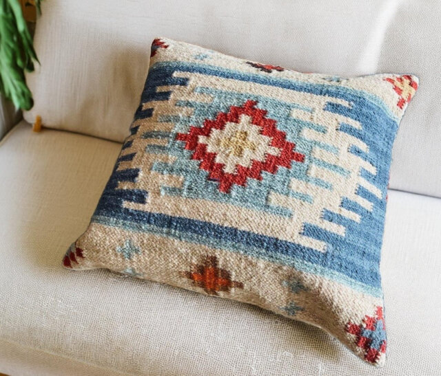 Bimala Kilim Large 50 cm x 50 cm Cushion Cover in Rich Blue Multi Colour Geometric Pattern