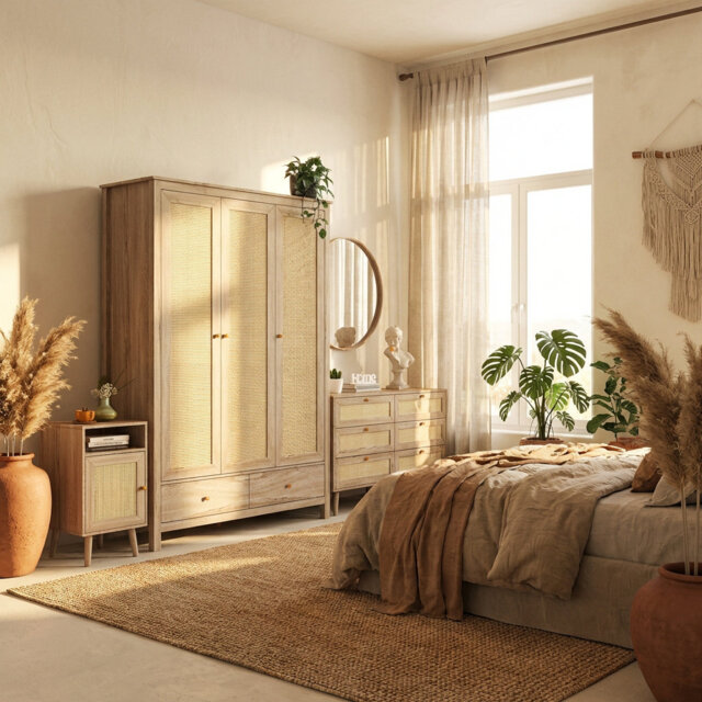 Annele Oak & Rattan 3 Door Wardrobe 3 Piece Bedroom Set