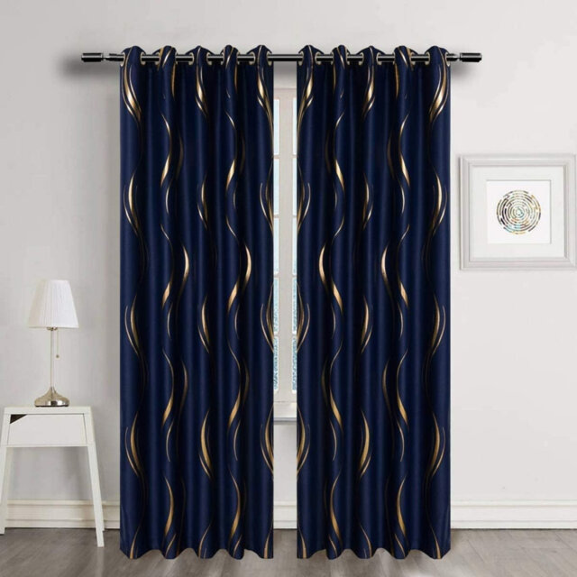 2 Panels Set Luxury Striped Blackout Curtains (Navy and Gold, 167 x 245 cm)