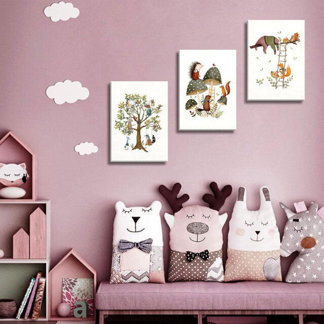 3Pcs Woodland Safari Animals Nursery Canvas Wall Art Baby Jungle Small Animal Wall Decor Pictures Tree Bear Rabbit Fox Hedgehog Kids Posters Prints Fo
