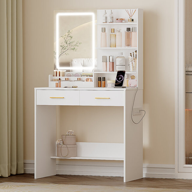 Dressing Table with LED Light, 2 Sockets and 2 USB Ports Dressing Table with 2 Drawers and 4 Open Shelves, Storage Organiser Compartment, Suitable for
