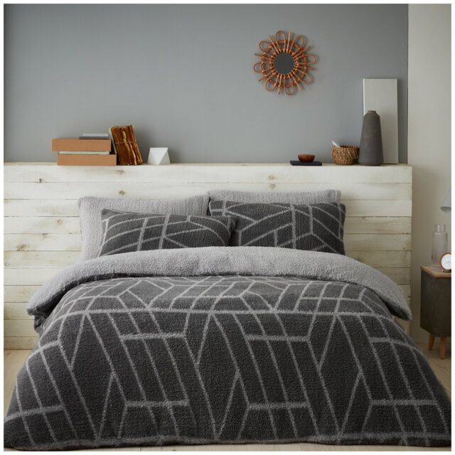 Teddy Fleece Geo Pattern Duvet Cover Set with Pillowcases, Soft Warm Winter Quilt Cover Bedding, Easy Care and Machine Washable