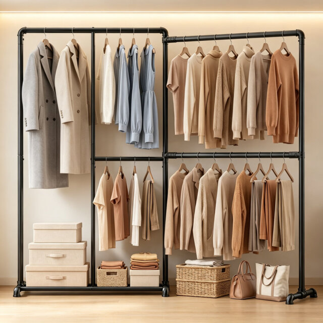 Heavy Duty L-Shaped Clothes Rail, 195 x 170cm Adjustable Layout Corner Garment Rack, Freestanding Metal Clothing Storage Rail for Bedroom & Wardrobe O
