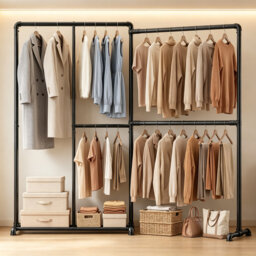 Heavy Duty L-Shaped Clothes Rail, 195 x 170cm Adjustable Layout Corner Garment Rack, Freestanding Metal Clothing Storage Rail for Bedroom & Wardrobe O
