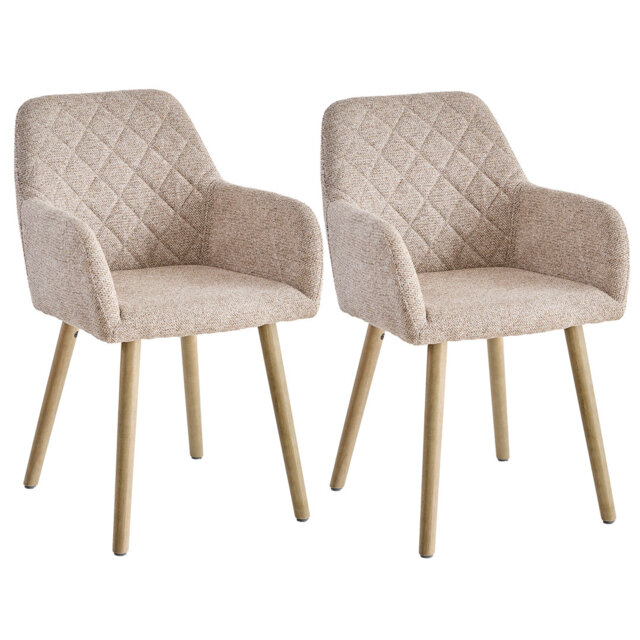 Modern Upholstered Dining Chairs With Arms, Linen Fabric Accent Chairs With Diamond Quilted Back And Wood Legs