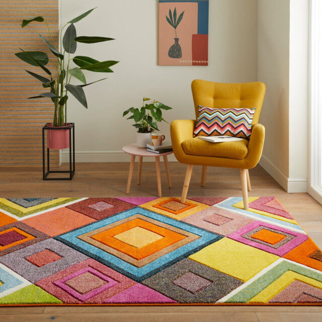 Multi Geometric Jute Backing Rug, Stain Resistant Area Rug For Bedroom, & Dining Room
