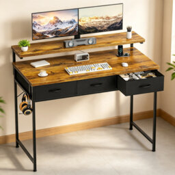 100cm Vintage Computer Gaming Desk with Adjustable Monitor Stand & 3 Storage Drawers, Modern Home Office Table with Headphone Hook for Workers, Gamers