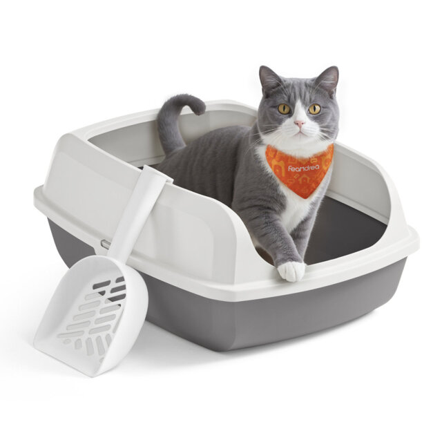 High Sided Cat Litter Tray, XL Open Top Litter Box With Scoop, For Kittens, Large Cats, Slate Grey