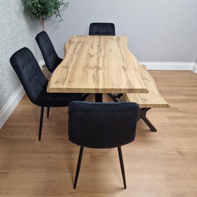 Wooden Brown Dining Table with Bench and 4 Velvet Chairs  Dining Room Furniture