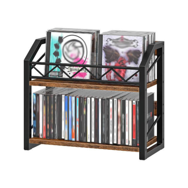2-Tier Vinyl Record Holder, CD Storage Rack with Non-Slip Feet, Holds up to 55 DVDs, Rustic Brown and Black