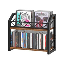 2-Tier Vinyl Record Holder, CD Storage Rack with Non-Slip Feet, Holds up to 55 DVDs, Rustic Brown and Black