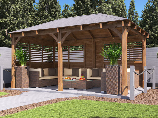 Dunster House Wooden Gazebo Kit Louvre Wall 6m x 3m with Roof Shingles Leviathan