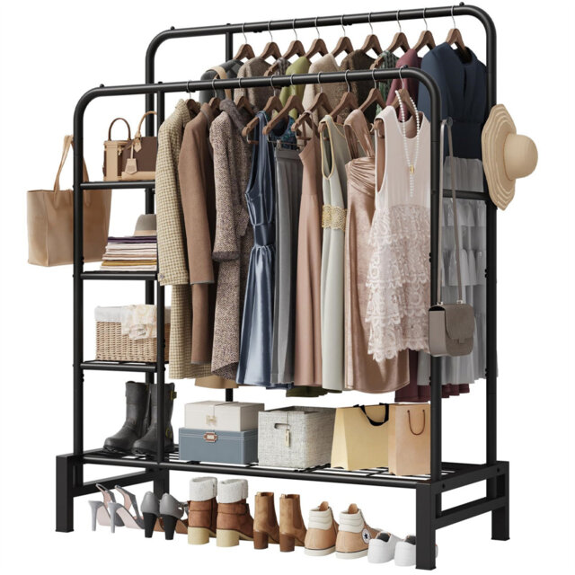 Clothes Rail Heavy Duty, Double Rods Clothing Rail With Shoe Rack, 3 Tier Storage Shelves & 4 Coat Hooks, Multifunctional Clothes Rack For Bedroom, La