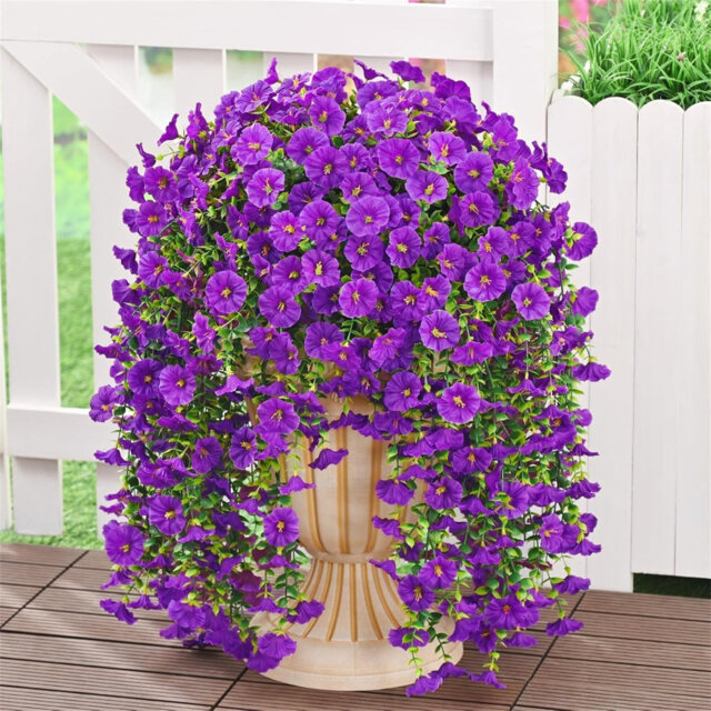 4PCS Artificial Hanging Flowers For Outdoor, Fake Hanging Plants UV Resistant, Silk Purple Morning Glory Trailing Vines For Spring Summer Home Garden