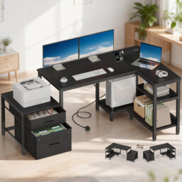 L-Shaped Metal Base Computer Desk with Power Outlet