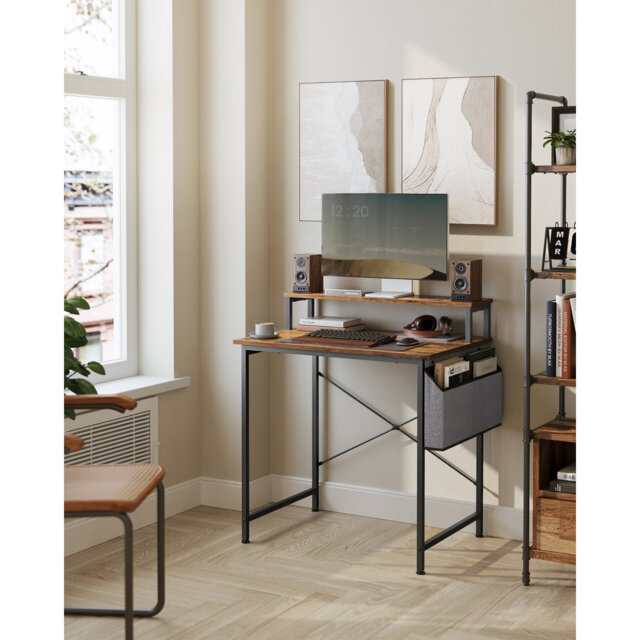 Computer Desk With Monitor Riser, Fabric Pouch, X-Bar Reinforcement Bars, Adjustable Legs, 55 X 80 X 90.5 Cm, Industrial Style, Rustic Brown And Black
