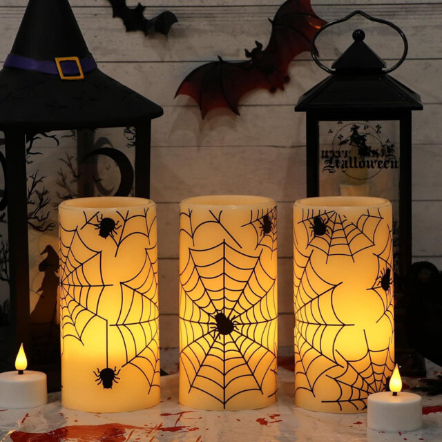 "3 Pack 3Ã6"" Halloween Flameless LED Pillar Candles:Timer, Battery-Operated, Real Wax with Spider Cobweb Decals"