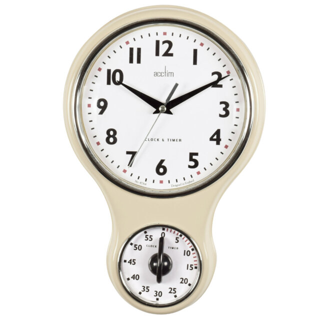 Acctim Kitchen Time Wall Clock Timer Quartz Retro Style Domed Glass Lens Cream 20cm