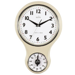 Acctim Kitchen Time Wall Clock Timer Quartz Retro Style Domed Glass Lens Cream 20cm