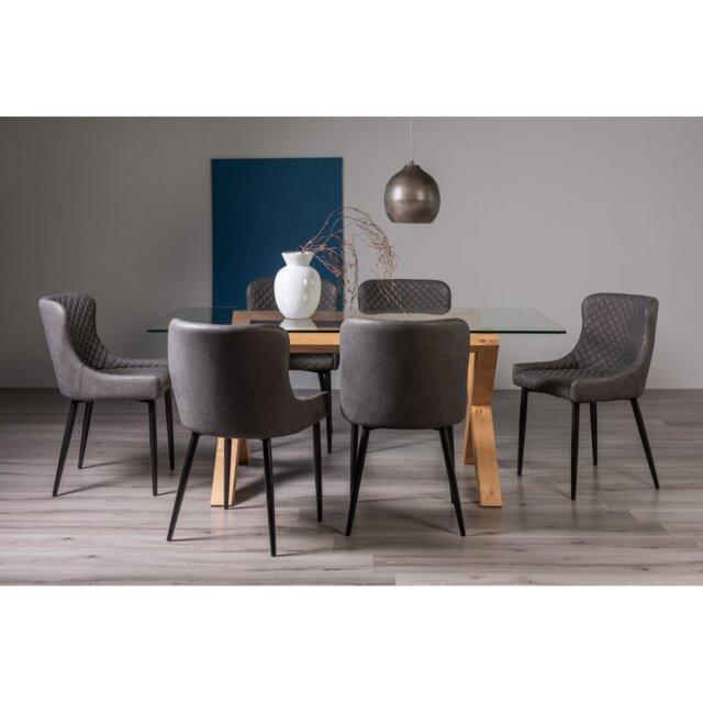 Light Oak Rectangular Glass Dining Table-&-6-Upholstered Arm Chair Quilted With Diamond Stitched Pattern & Sand Black Finish Petrol Blue Velvet Fabric
