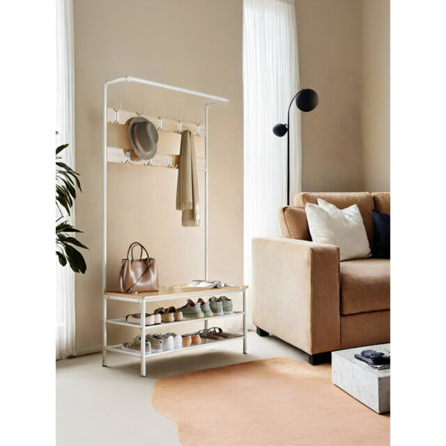 Hall Tree with Shoe Storage Bench for Entryway, Coat Rack, with 9 Hooks, a Shoe Rack, 41.5 x 100 x 182 cm, Oak and White