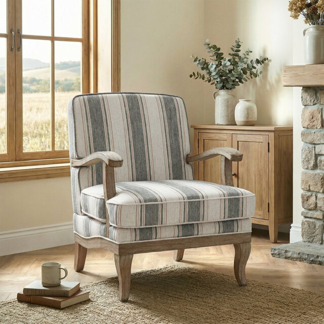 Peppone Country Wooden Upholstered Armchair with Solid Wood Armrests