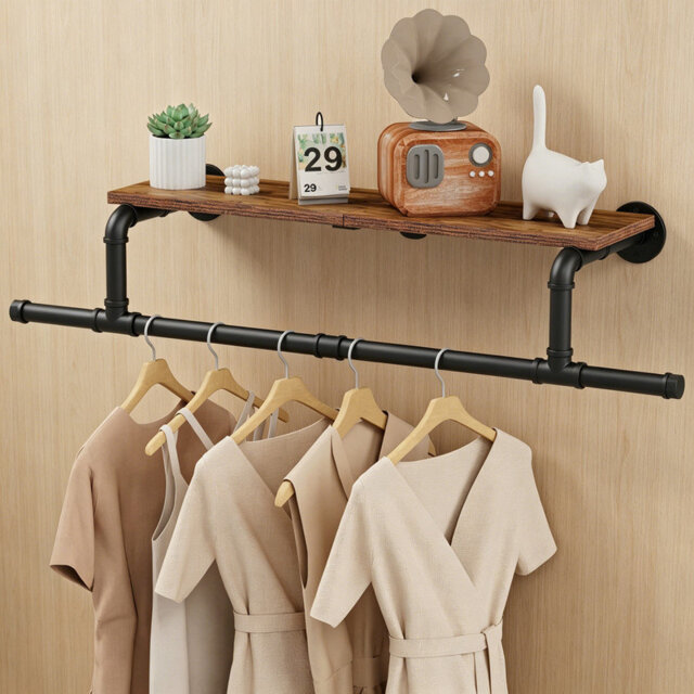 95×26×15cm Wall Mounted Clothes Rail, Industrial Pipe Hanger Rod with Top Shelf, Space-Saving Black Rack for Bedroom Living Room