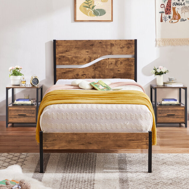 3 Piece Bedroom Set, Industrial Bed Frame with 2 Nightstands Set, Metal Platform Bed with Wood Headboard & Footboard, Farmhouse Bedroom Furniture Set