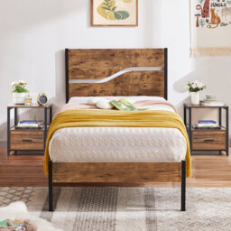 3 Piece Bedroom Set, Industrial Bed Frame with 2 Nightstands Set, Metal Platform Bed with Wood Headboard & Footboard, Farmhouse Bedroom Furniture Set