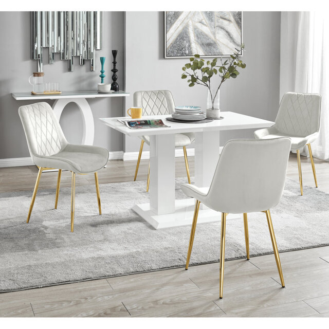 Edzard Double Pedestal High Gloss Dining Table Set with 4 Luxury Velvet Dining Chairs