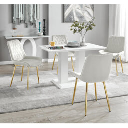 Edzard Double Pedestal High Gloss Dining Table Set with 4 Luxury Velvet Dining Chairs