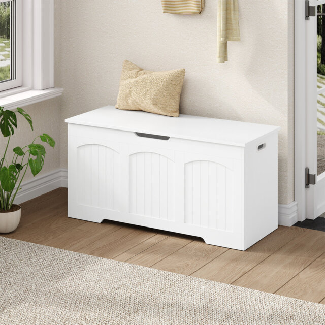 Storage Chest, Wooden Storage Box with Large Capacity, Storage Bench with Security Hinges and Hollow out Side Handles, for Entryway, Bedroom, Living R