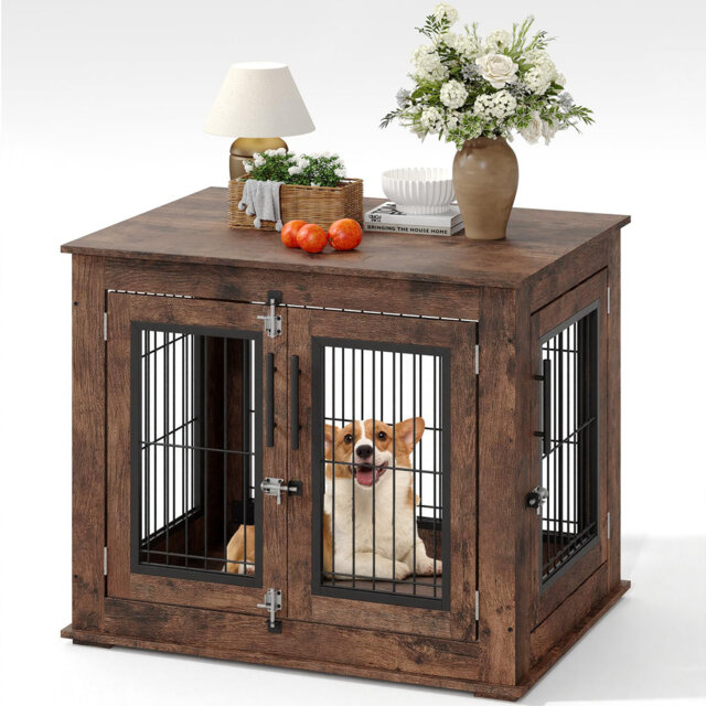 Wooden Dog Crate Furniture End Table – Dual-Door Indoor Kennel for Small/Medium Dogs, Chew-Resistant & Lockable Doors, Openable Top – Rustic Brown, 80