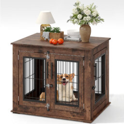 Wooden Dog Crate Furniture End Table – Dual-Door Indoor Kennel for Small/Medium Dogs, Chew-Resistant & Lockable Doors, Openable Top – Rustic Brown, 80