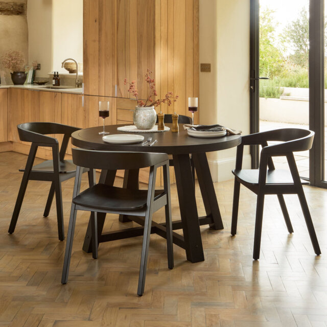 Charlotte Black Oak Round Dining Table Set - 4 Seater - Ella Black Oak Carver Chairs - Fawn Linen