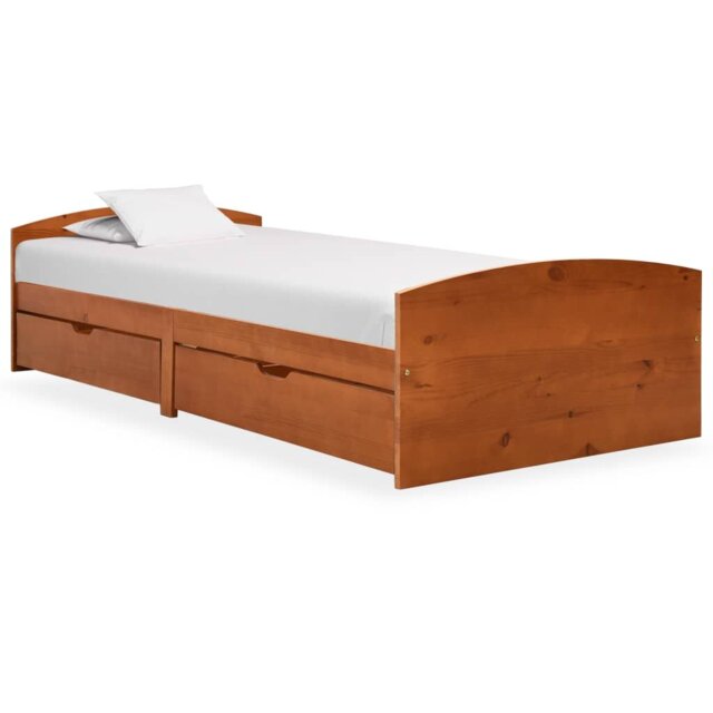 Ahrens Wheeler Bed Frame With 2 Drawers Honey Brown Solid Pine Wood 90X200 Cm