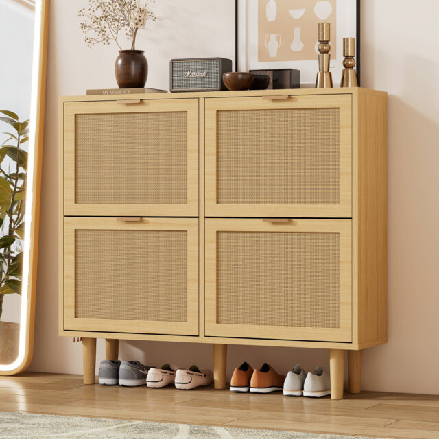 Rattan Shoe Storage Cabinet with 4 Flip Drawers & Adjustable Shelves