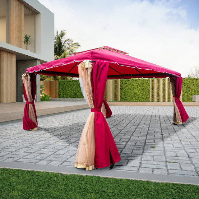 3m x 4m Red Garden Gazebo with Curtains & Mosquito Netting – Heavy-Duty Aluminium Frame, Waterproof Double Roof Patio Canopy