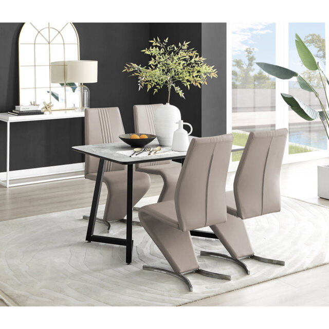Industrial Design White & Grey Marble Effect Melamine Dining Table Set with 4 Faux Leather Chairs