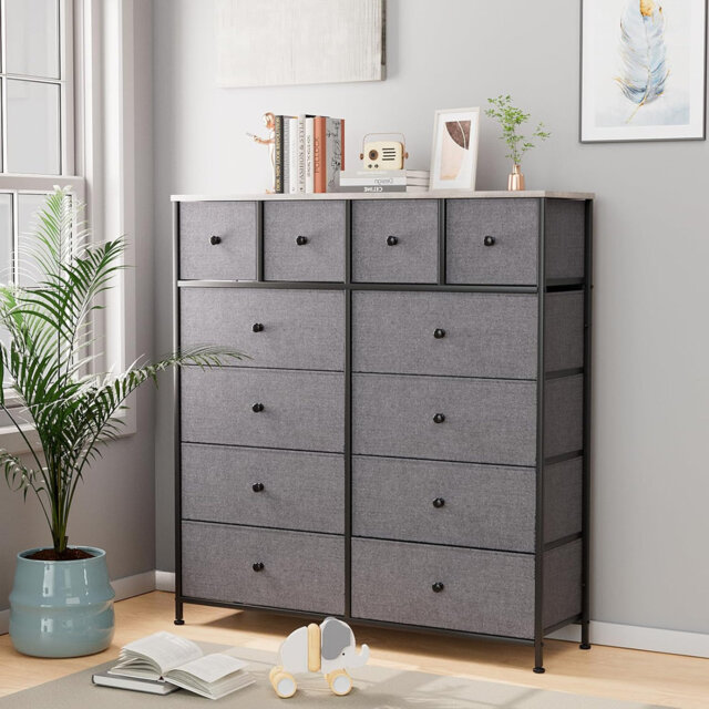 Chest Of Drawers, Dressing Table Cabinet, Storage Cabinet, 12 Fabric Drawers, Metal Frame, Industrial Style, For Living Room, Hallway, Bedroom (dark G