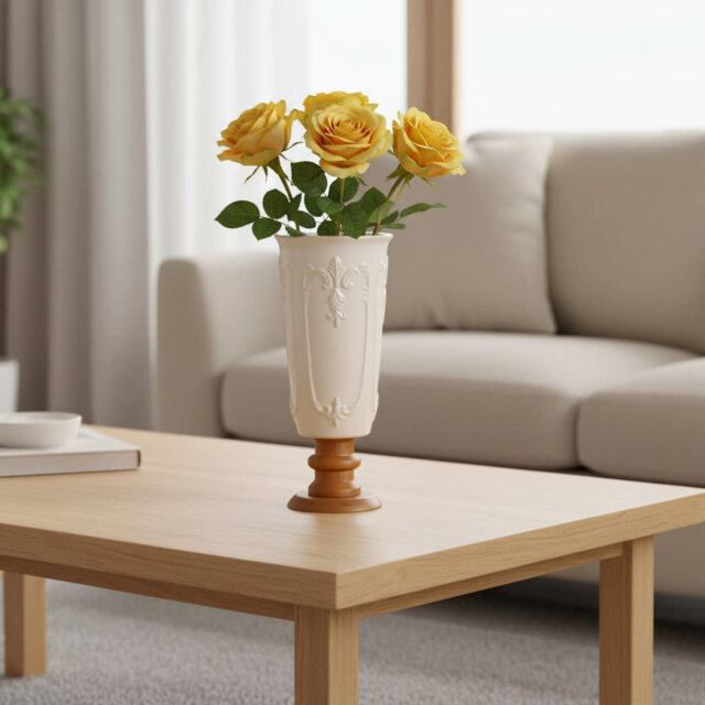 "9.1"" White Ceramic Floral Embossed Vase - Small Vintage French Style with Wood Base for Home Table Living Room Shelf"