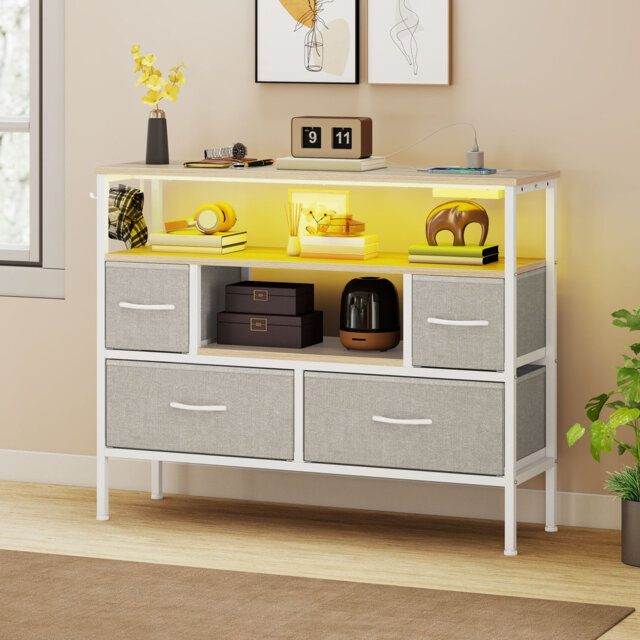 4-drawer Chest Of Drawers,dresser With 2 Sockets 2 Usb Ports And Led Light Strip,tv Cabinet With Side Hooks