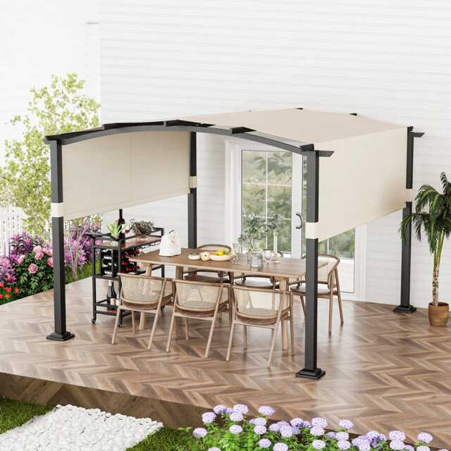 305 X 305 Cm Outdoor Pergola W/ Retractable Sunshade Canopy Arched Patio Garden Shelter