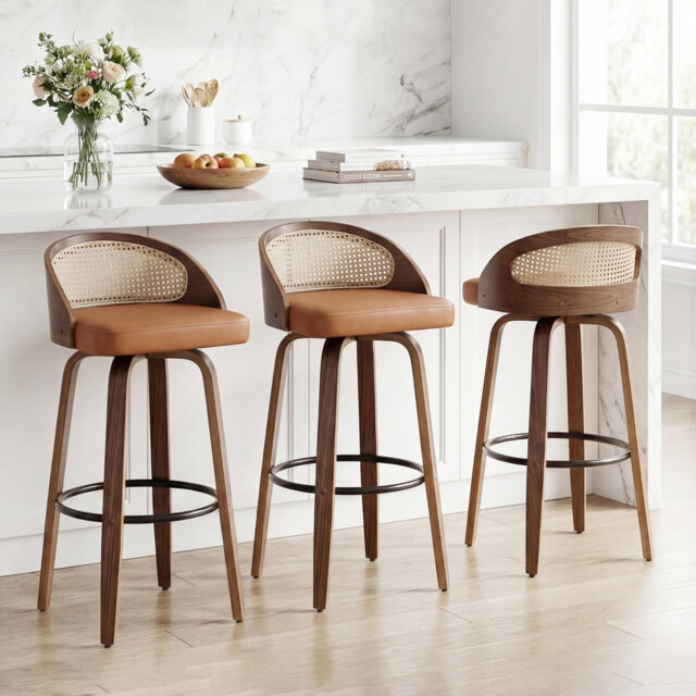 Swivel Upholstered Faux Leather Bar Stool with Solid Wood Frame