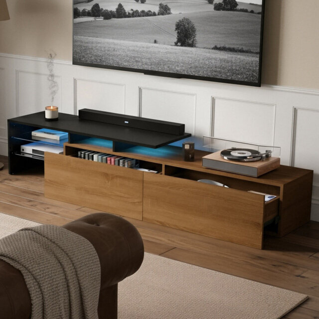 170Cm TV Stand For 75-Inch Tvs, Modern Media Console With LED Lights, 2 Drawers & Glass Shelves, 3 Colours