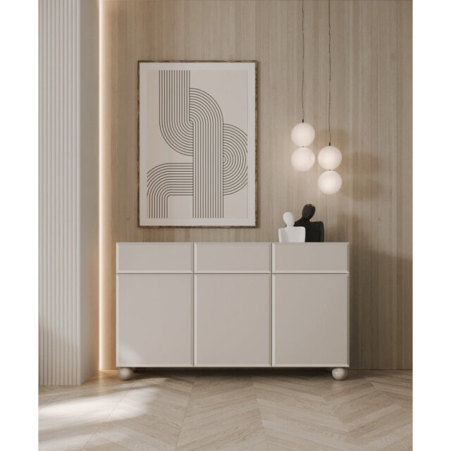 Chocolated Three-Door Sideboard with Three Drawers, 150 cm, Ball Legs, Sand Beige