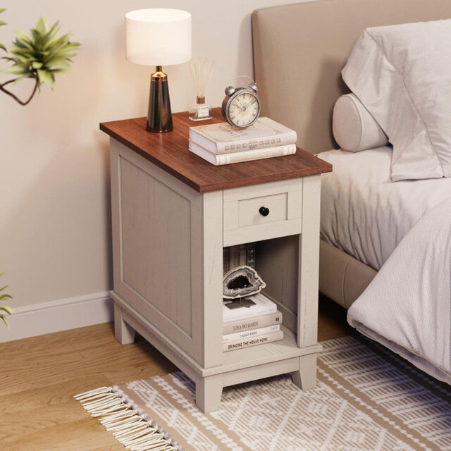 Side Tables with Charging Station,Small Farmhouse End Tables,Narrow Storage Nightstand Bedside Desks,Living Room Sofa Table